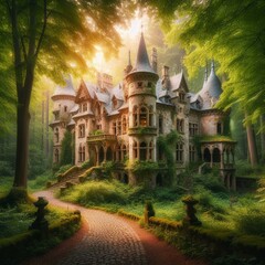 gorgeous abandoned medieval mansion in a fairytale forest