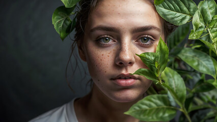 woman, beauty, face, fashion, green, care, nature, hair, model, makeup, leaf, skin, spring, eyes, spa, plant, flower, sensuality, fresh, health, one, people, natural