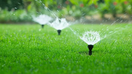 Gordijnen Automatic garden sprinkler system watering lush green grass in the garden landscape © Ilja