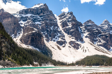 Moraine Lake and four of the ten surrounding mountain peaks