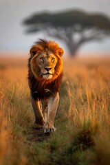 A majestic masai lion strides through a golden field, its powerful presence exuding grace and strength in the wild