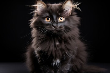 Mysterious black cat with piercing eyes on sleek dark background for captivating ambiance