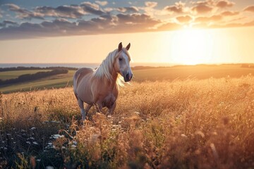 Obraz na płótnie Canvas A majestic mustang mare stands tall amidst the golden grass of a peaceful field, bathed in the warm glow of a stunning sunset