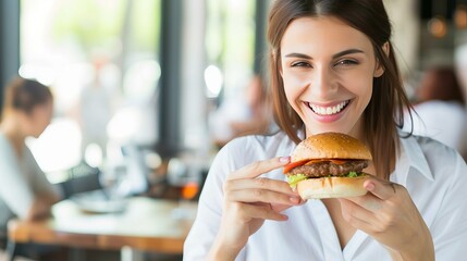 Joyful woman relishing burger at restaurant with blurred background and space for text