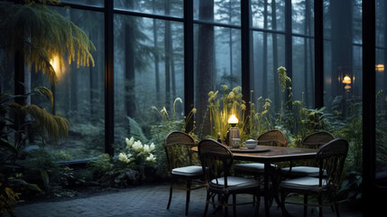 Interior of a greenhouse home, with table, chairs, and glowing lights. Warm glasshouse with plants and modern furniture, in the night summer landscape. Creative modern cafe.