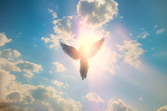 guardian angel soaring in the clouds, in the sky in the rays of the sun. Concept of religion and Christianity, faith, hope,