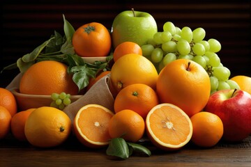 Vibrant Fresh Fruits including Oranges, Grapefruits, Apples, and Carrots Before Being Squeezed