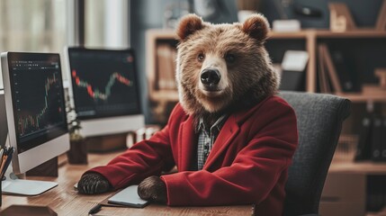 Bear in red suit with downtrend charts, bear market, trading volatility, and recession concept - obrazy, fototapety, plakaty
