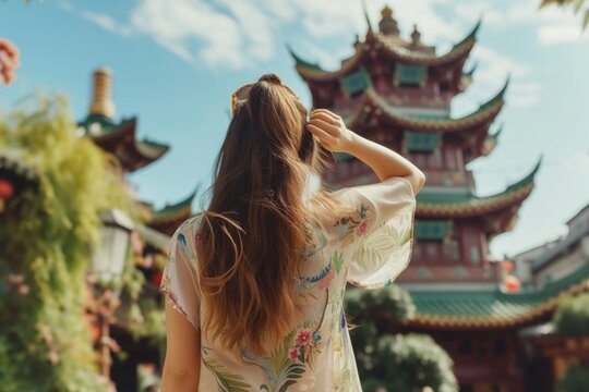 Woman in a flowy dress looking at a touristic attractions, concept of tourism, international travel vacation