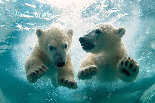 Graceful and powerful, two polar bears glide through the icy waters, embodying the resilience and adaptability of these majestic arctic mammals