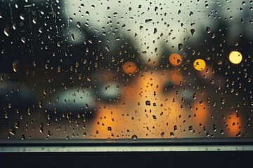 Tranquil scenes: raindrops on window glass creating cozy patterns with blurred street view