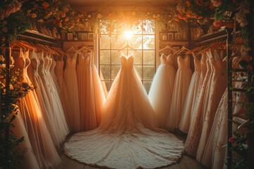 Behind the flowing curtain lies a room filled with a stunning array of wedding dresses, adorning the walls and filling the air with the promise of love and celebration