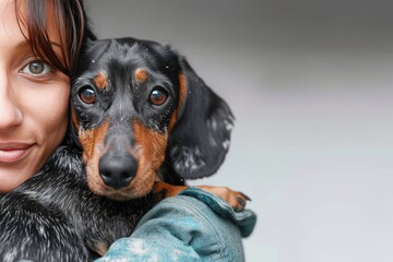 A doting owner proudly displays her regal dachshund, the epitome of loyalty and companionship, in the comfort of their cozy indoor haven