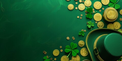 Saint Patricks day hat, golden coins and shamrocks on green background, copyspace