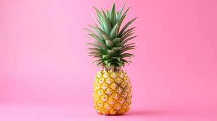 Pineapple on pink background, minimal. Summertime fashionable concept.Fresh pineapple for package, grocery product advert. Realistic, detailed. - obrazy, fototapety, plakaty