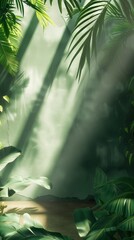 Bali style template green background, exotic tropical wall with green palm and banana leaves and atmospheric sunlight rays