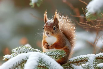 Foto op Aluminium A lively douglas squirrel braves the cold, perched on a snowy branch amidst the winter wonderland of his outdoor home © LifeMedia