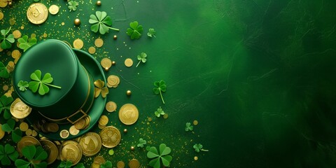 Saint Patricks day hat, golden coins and shamrocks on green background, copyspace