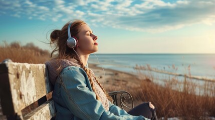 a woman with headphones, eyes closed in bliss, as she listens to music and breathes in the fresh, salty air while sitting on a weathered bench overlooking the springtime beach. - Powered by Adobe