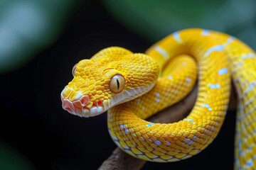 Obraz premium A striking yellow serpent rests upon a branch, its scaled body coiled in peaceful slumber amidst the wild grasses of its outdoor domain