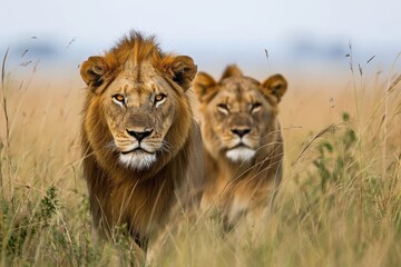 Obraz premium Two majestic big cats roam the tall grass of the savannah, their powerful snouts scenting the air as they stand in their natural habitat, embodying the untamed beauty of the wild