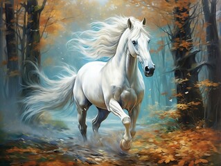 White horse with its long white hair running in a forest