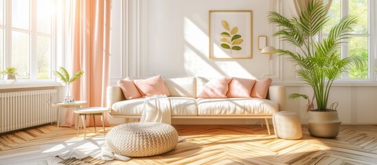 Photo of a bright living room with a plant, herringbone parquet, and a couch with pink accents. - obrazy, fototapety, plakaty