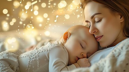 a mother and her baby peacefully sleeping at home, with soft lullaby music notes drifting around...