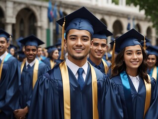 International graduates from celebrating diplomas in graduation robes Generative Ai