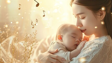 a mother and her baby peacefully sleeping at home, with soft lullaby music notes drifting around...