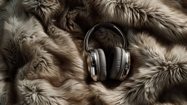 headphones atop a plush fur background, showcasing a harmonious blend of fashion and technology from a captivating top-down perspective.