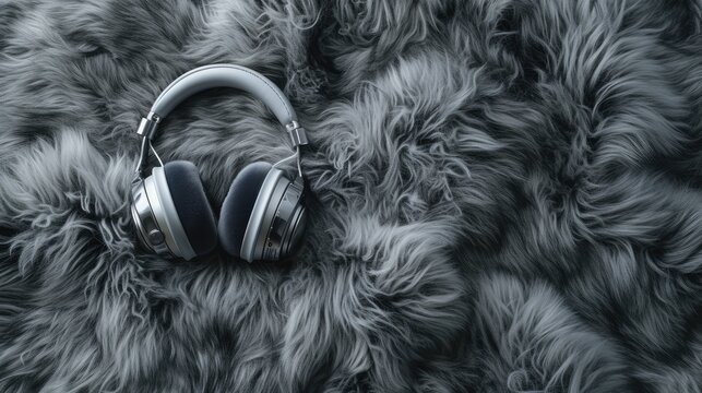 headphones atop a plush fur background, showcasing a harmonious blend of fashion and technology from a captivating top-down perspective.