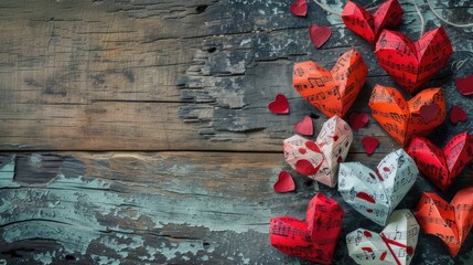 paper hearts adorned with musical notes arranged artfully on a rustic wooden background, evoking a...