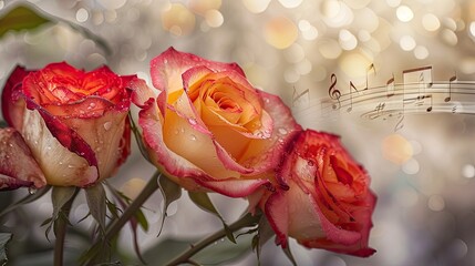 beautiful roses delicately arranged against a backdrop adorned with musical notes, blending the...