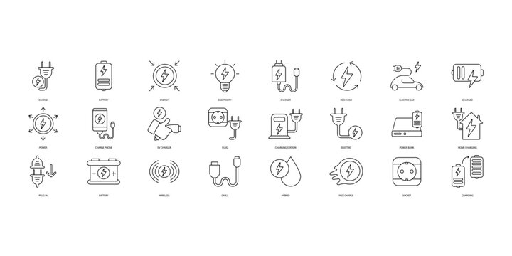 Charging icons set. Set of editable stroke icons.Vector set of Charging