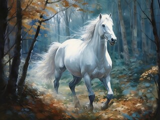 White horse with its long white hair running in a forest