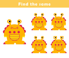 Find same picture worksheet for kids. Worksheet for kids kindergarten, preschool and school age. Education game for children with cute monster illustration.