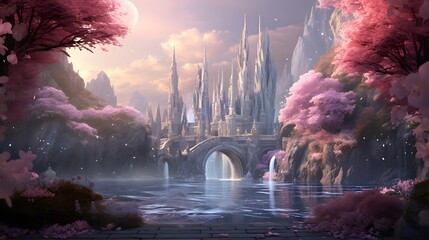Digital painting of a fantasy landscape with a river and a stone bridge