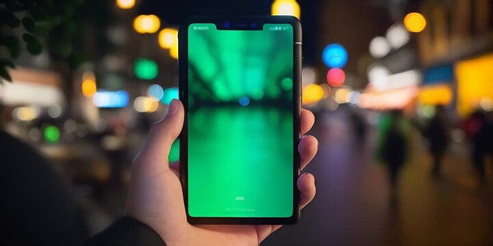 A smartphone with a green screen in a man's hand against the bluur background of the night city street