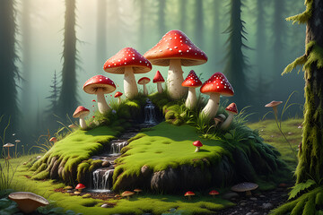 Fairytale background of red fly mushrooms on a green stump with moss on a light natural background. pagan Wiccan, Slavic traditions. Playground AI platform