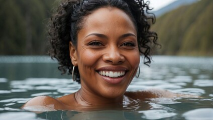 Close-up of a middle-aged, attractive black woman with a beaming smile, enjoying a soak in a natural hot spring with a scenic mountain backdrop, exuding relaxation and happiness. - obrazy, fototapety, plakaty