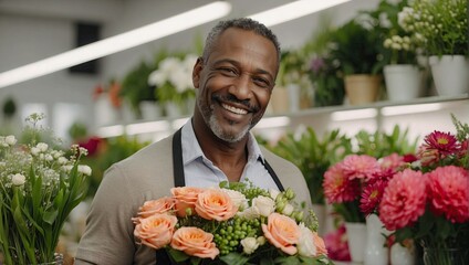 Close-up of a middle-aged, attractive black male florist with a charming smile, holding a bouquet of flowers in a bright, floral shop setting, exuding friendliness and professionalism.