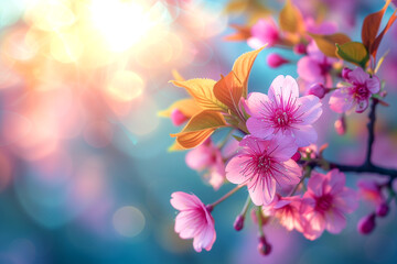 Blooming Sakura Flowers And Sky - Spring Background With Defocused abstract Light