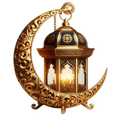 lantern lamp gold crescent moon Ramadan Eid decoration isolated on transparent background