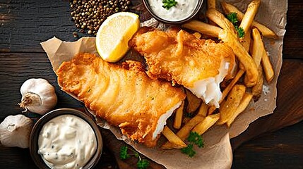 two pieces of battered fish served alongside golden chips on a rustic wooden table, creating an...