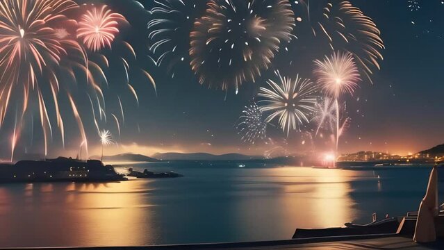 fireworks on the sea, night landscapes, reflection on the water, concept celebrate, festival
