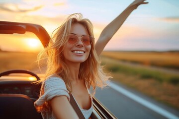 A carefree woman with a dazzling smile and stylish sunglasses waves goodbye as she drives off into the sunset in her convertible, surrounded by a beautiful sky and lush green grass