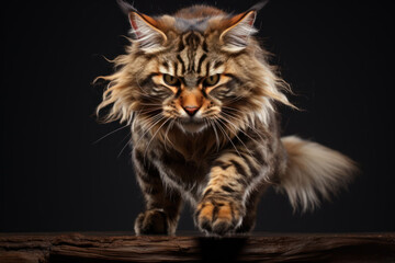 Maine Coon cat is preparing to jump on the hunt. A portrait of angry attacking pet on black background