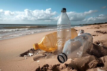 The scattered plastic bottles on the serene beach serve as a harsh reminder of our impact on nature and the need to protect our planet's fluid resources
