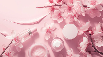 Cosmetic makeup products and skin care cream on background with copy space